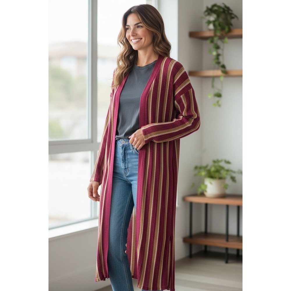 Future Collective J Lopez Women Large Open Front Long Cardigan Striped Spring